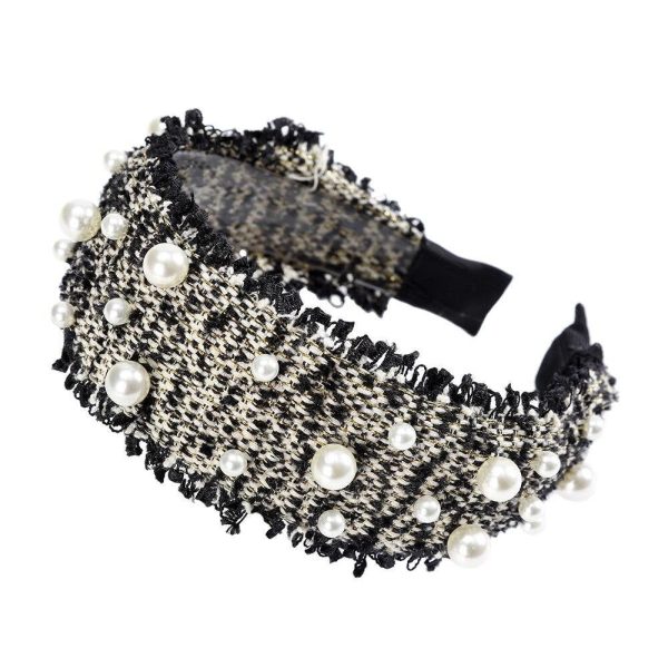 maxi serre tête tweed noir et blanc et perles