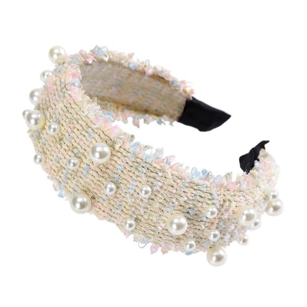 maxi serre tête tweed et perles en beige