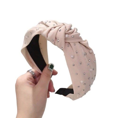 serre tête tissu et perles beige clair