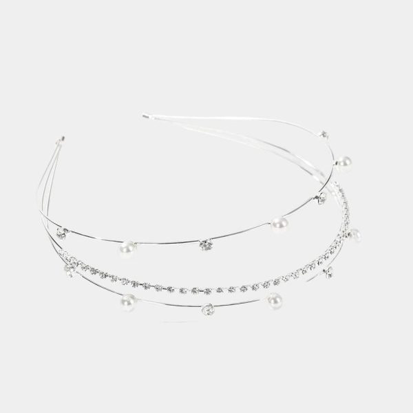 Serre-tête triple argenté avec strass et perles